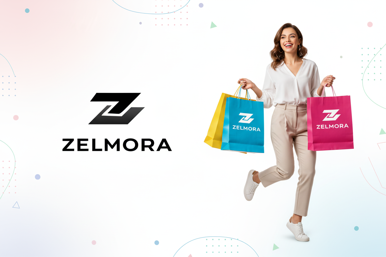 Banner Zelmora completo com mulher e padrões